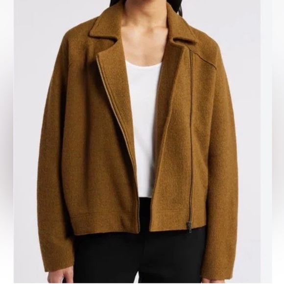 EILEEN FISHER Large Lightweight Boiled Wool Motorcycle Jacket GOLD LEAF NWT $388 - Picture 1 of 14